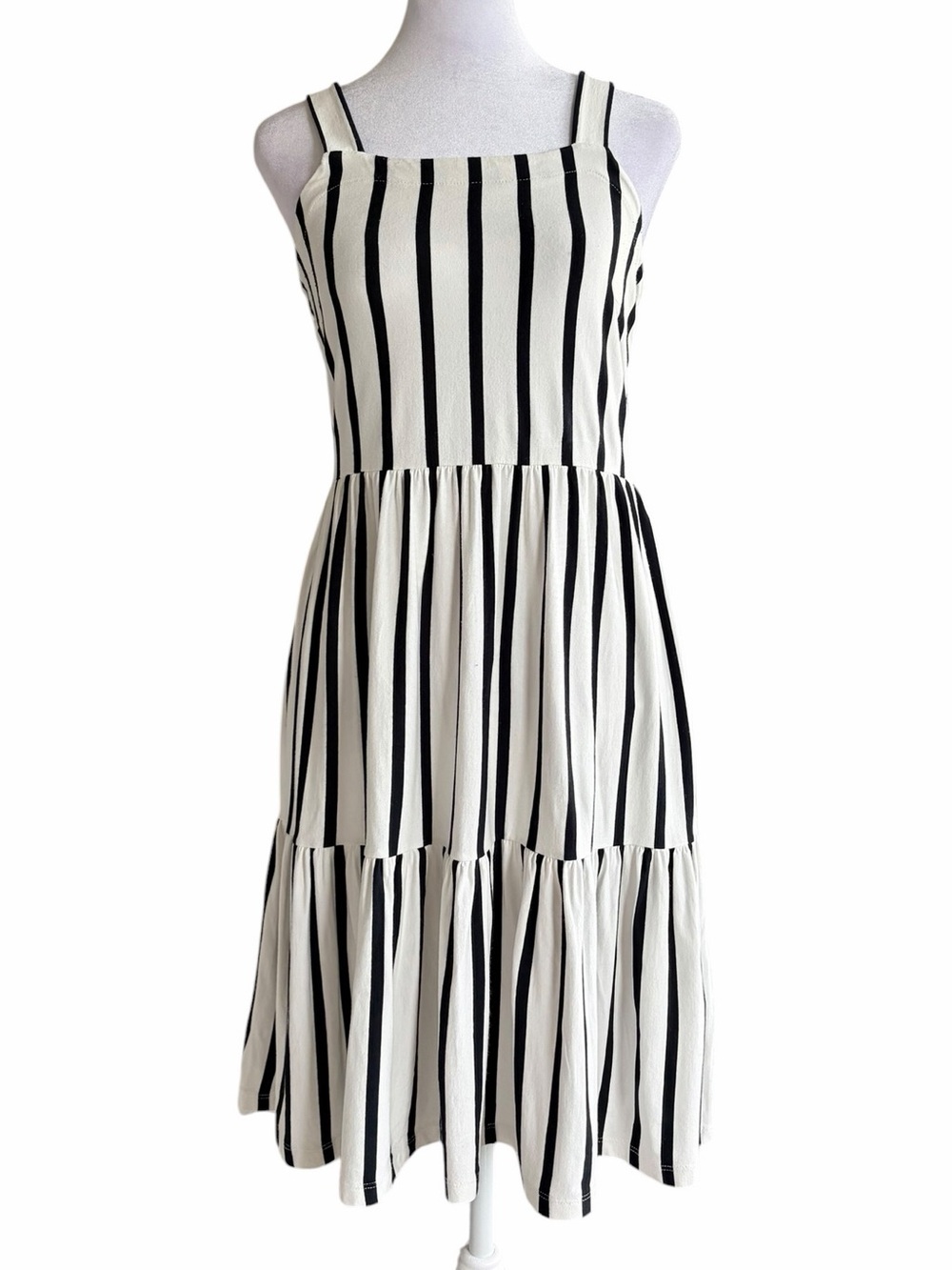 LOFT Navy & White Vertical-Stripe Tiered Midi Sundress